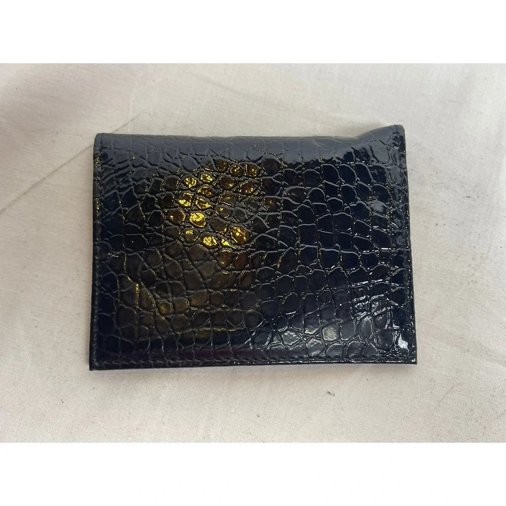 Black Croc Embossed Patent Faux Leather Bifold Card Holder ID Case Wallet
